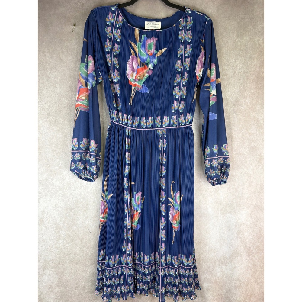 VTG 70s P.C.F. Petites by Hal Reman Dress 12 Navy Blue Floral Pleated Sheer USA